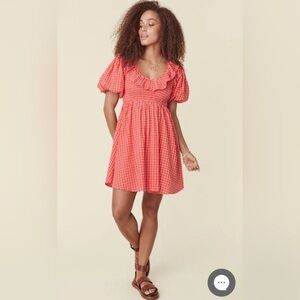NWOT Spell Coral Gingham Puff Sleeve Mini Dress